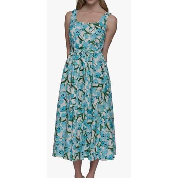 NWT- KARL LAGERFELD Women's Sleeveless Square Neck Tie Waist Midi Dress Sz 6 - Picture 1 of 13